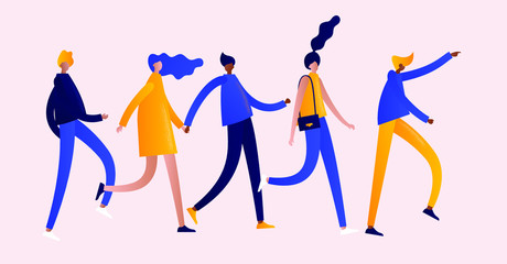 Happy people walking follow one man. Best Friends concept. People character vector illustration flat design
