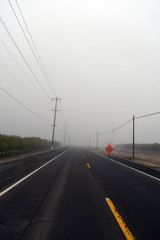 Foggy road with caution sign