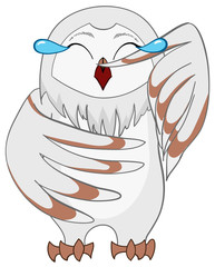 White barn owl laughing out loud in cartoon vector isolated background