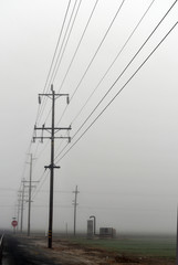 Power pole in foggy field
