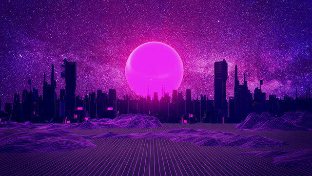 Une Voiture éclairée Au Néon Sur Une Route Futuriste Dans Une Esthétique D' anime Art Déco Avec Un Style Synthwave 4k Et Des Vibrations Rétrofuturistes