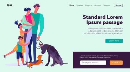 Happy couple standing with two kids and two dogs. Children and parents walking pets vector illustration. Family and parenting, domestic animals concept for banner, website design or landing web page