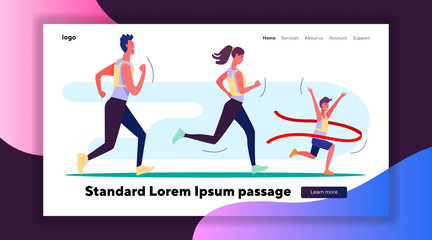 Female and male athletes running marathon. Family running race first flat vector illustration. Running, successful sportsman concept for banner, website design or landing web page