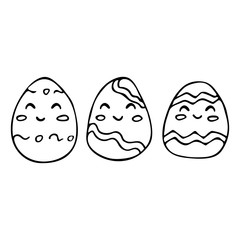 Three happy eggs. Easter eggs decorated. Traditional food for the Orthodox and Catholic holidays. Happy easter. Black and white doodle style illustration vector