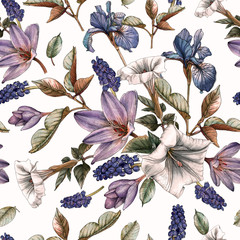 Floral seamless pattern with watercolor irises, datura flowers and muscari. Background with spring flowers
