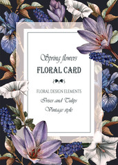 Floral greeting card with a frame of watercolor irises, muscari and datura flowers. Illustration