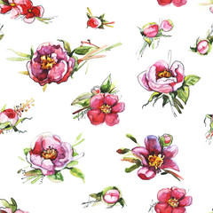 watercolor flowers seamless pattern on white background