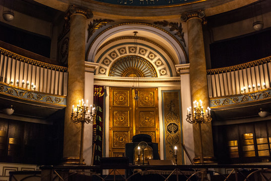 Vienna, Austria, August 21 2019 - The gold door of the Torah ark (or Aron Kodesh) in the Vienna central synagogue (Stadttempel Wien) in Seitenstettengasse, Austria, Europe