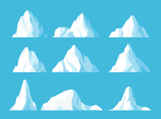 Icebergs in ocean flat vector illustrations set - obrazy, fototapety, plakaty