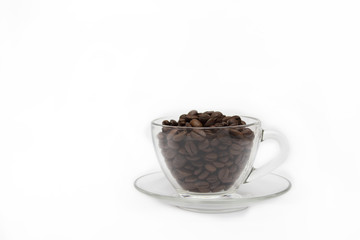 Coffee concept, coffee beans in a glass cup