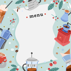 Menu page template for coffee shop or cafe. Banner with copy space for your text decorated with colorful hand drawn illustrations. Vector layout with blank space. Coffee maker and utensils, modern art
