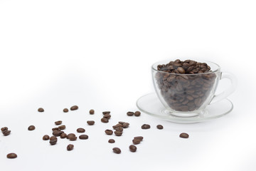 Coffee concept, coffee beans in a glass cup