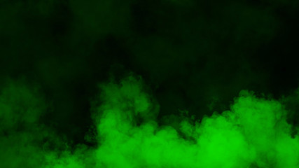 Explosion green fog on isolated black background. Experiment chemistry smoke. The concept of aromatherapy. Stock illustration.