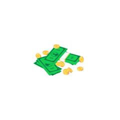 Isometric money heap. Vector illustration of set of stack of green banknotes and golden coins