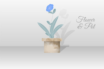 blue flower and pot watercolor hand drawn. simple elegant design for wallpaper, card, wedding. vector EPS 10