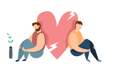 Vector concept of conflict or relationship problem in homosexual couple. Broken marriage. Conflicts between lgbt mans. Breaking up people. Family quarrel.