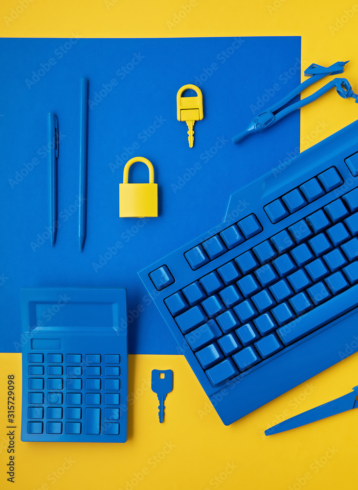 Poster cyber data and information security idea. yellow padlock and key and blue keyboard. computer, inform