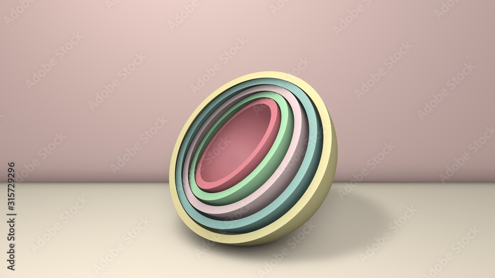 Poster 3d illustration of several hemispheres, halves of balls similar to plates, cups.. the segments are a