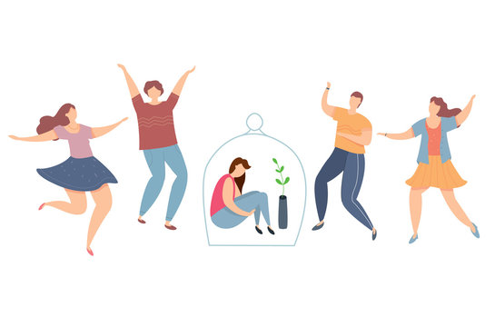 Modern vector illustration of introvert and extravert on party. Lonely introvert girl among dancing people. Sad girl under the glass dome.