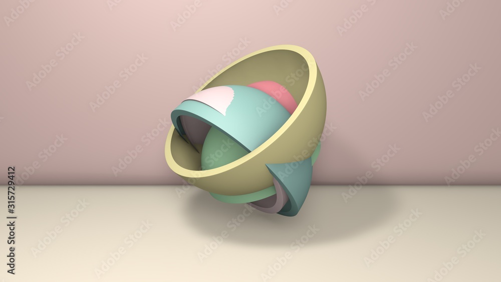 Poster 3d illustration of several hemispheres, halves of balls with a void inside. the segments are arrange