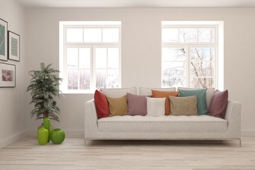 Stylish room in white color with sofa. Scandinavian interior design. 3D illustration