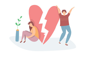 Vector illustration of Heartbroken Couple Parting. Sad woman and happy man. End of love and an abusive relationship