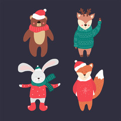 Retro christmas animals card for celebration  merry christmas and new year