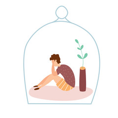 Modern vector illustration of miserable, sad, unhappy kid sitting under the glass dome. Concept of children depression, trouble and psychological problems. Introversion.