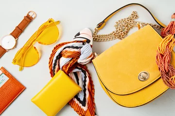 Foto auf Acrylglas Flat lay with woman fashion accessories in yellow colors. Fashion blog, summer style, shopping and trends idea © netrun78