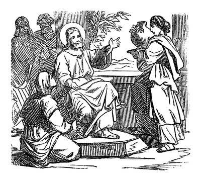 Vintage drawing or engraving of biblical story of Jesus at home of Mary and Martha. Bible,New Testament,Luke 10. Biblische Geschichte , Germany 1859.