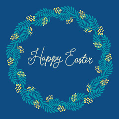 A beautiful easter wreath with mimosa flowers and leaves. Hand drawn vector illustration isolated on navy blue background. Happy Easter lettering.