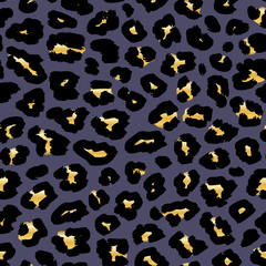 Golden leopard print pattern. Vector seamless background. Animal skin texture of jaguar, leopard, cheetah, panther, leopard. Black and gold spots on gray background. Repeat design for textile, fabric