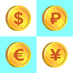 Fototapeta premium Four gold coins of national currencies of the USA, Russia, the European Union and China