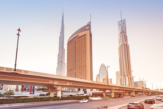 26 November 2019, United Arab Emirates, Dubai: View from the high-speed busy highway on the skyscrapers of downtown and the highest building in the world - Burj Khalifa