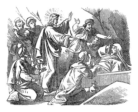 Vintage drawing or engraving of biblical story of Jesus in tomb raises Lazarus from the death. Bible,New Testament,John 11. Biblische Geschichte , Germany 1859.