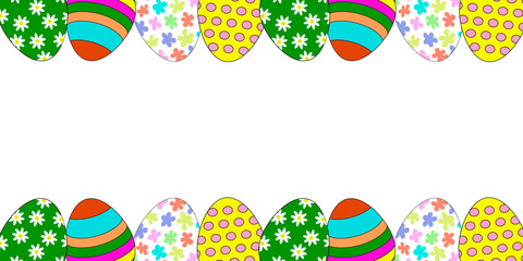 Set of Easter eggs with ornaments. Horizontal banner.Place for the inscription.Decoration and symbol of Easter. happy Easter. spring religious holiday. Flat image. Vector