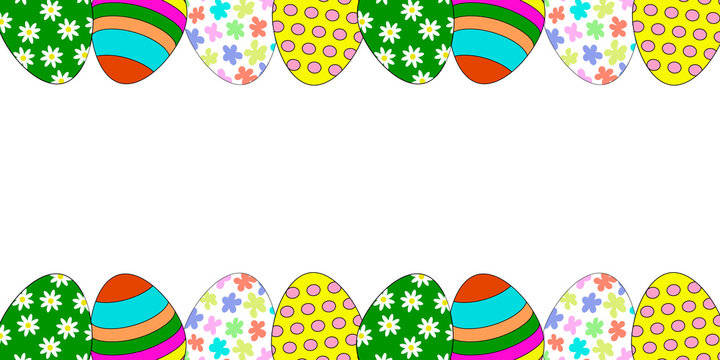 Set of Easter eggs with ornaments. Horizontal banner.Place for the inscription.Decoration and symbol of Easter. happy Easter. spring religious holiday. Flat image. Vector