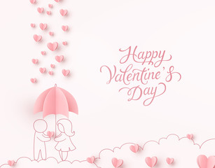 Paper flying hearts with man and woman under umbrella on pink background. Vector symbols of love for Happy Valentine's Day greeting card design..