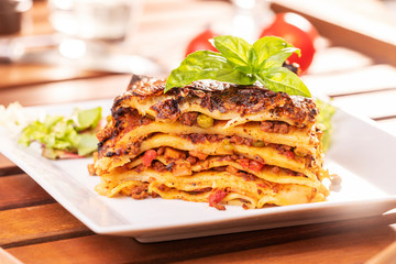 closeup of a portion of lasagna
