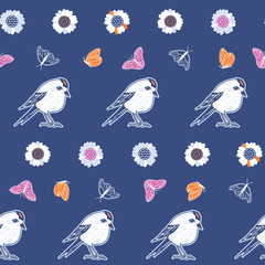 Vector Birds, Butterflies and Flowers in Vivid Colors seamless pattern background.