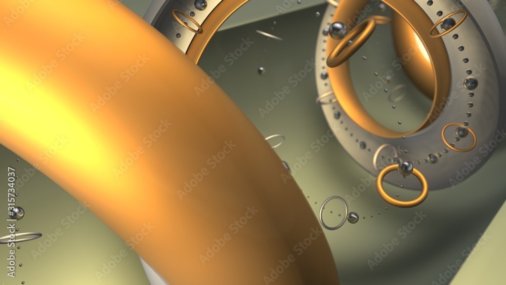Poster 3d composition of abstract geometric shapes, silver drops and many small elements. 3d rendering for 