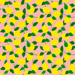 Lemon seamless pattern on pink background with green leaves.Suitable for printing on fabric, wrapping paper.Tropical stylized fruit. Vector