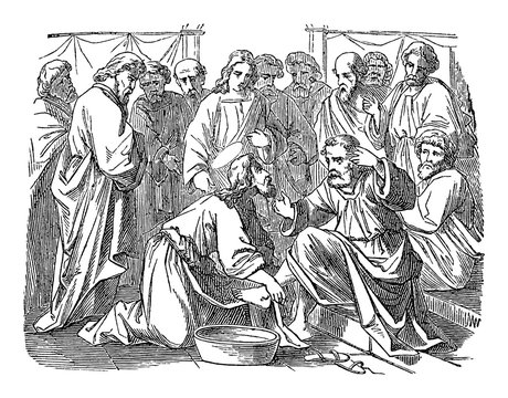 Vintage drawing or engraving of biblical story of Jesus washes his disciples feet. Bible,New Testament,John 13. Biblische Geschichte , Germany 1859.