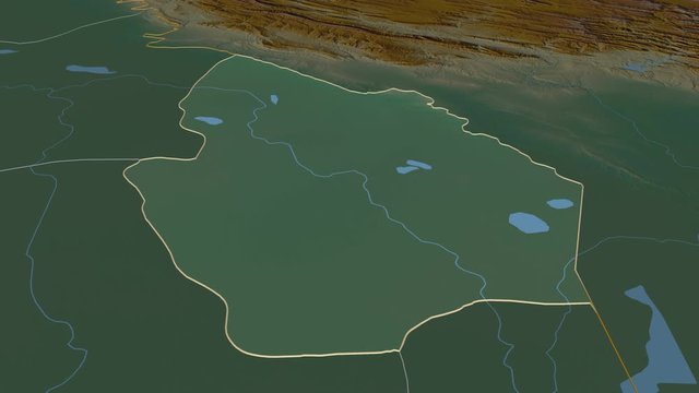 Maysan, province with its capital, zoomed and extruded on the relief map of Iraq in the conformal Stereographic projection. Animation 3D