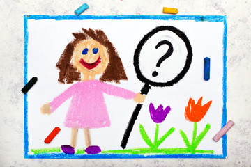 Photo of colorful drawing: Young smiling girl holding a question mark. Problem and solution concept