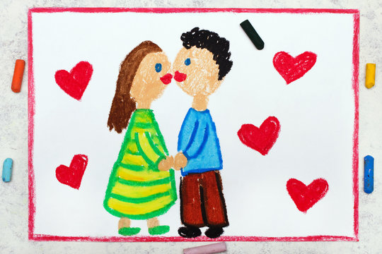 Photo of colorful drawing:  Kissing couple. Valentines day card