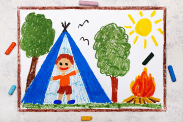 Photo of colorful drawing: Camping in forest, smiling boy in tent, campfire. Relax in nature