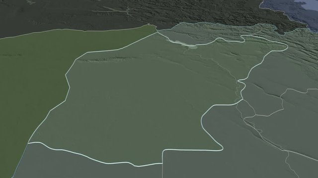 Ninawa, province with its capital, zoomed and extruded on the administrative map of Iraq in the conformal Stereographic projection. Animation 3D