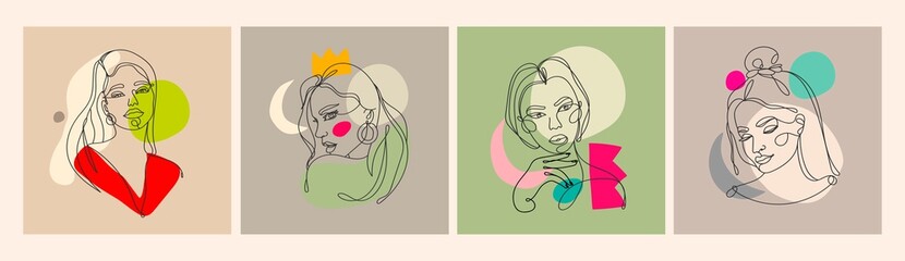 Set of four Modern abstract faces. Contemporary outline female silhouettes. Colored spots. Hand drawn outline trendy vector illustrations. Continuous line, minimalistic concept. Pastel colors