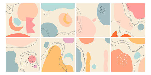 Set of eight abstract backgrounds. Hand drawn various shapes and doodle objects. Contemporary modern trendy vector illustrations. Every background is isolated. Pastel colors - obrazy, fototapety, plakaty